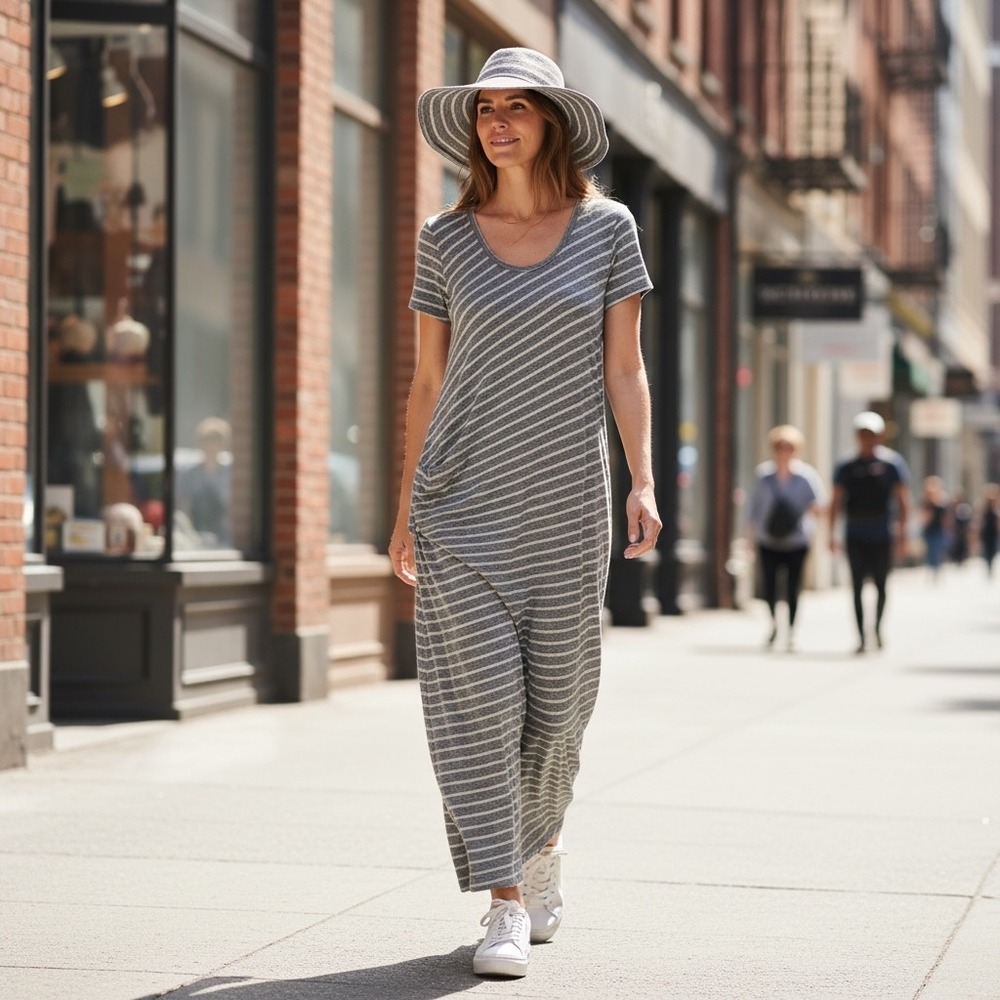 Standard‎ James Perse Grey White Striped Ruched Cotton Maxi Dress Size 4 USA